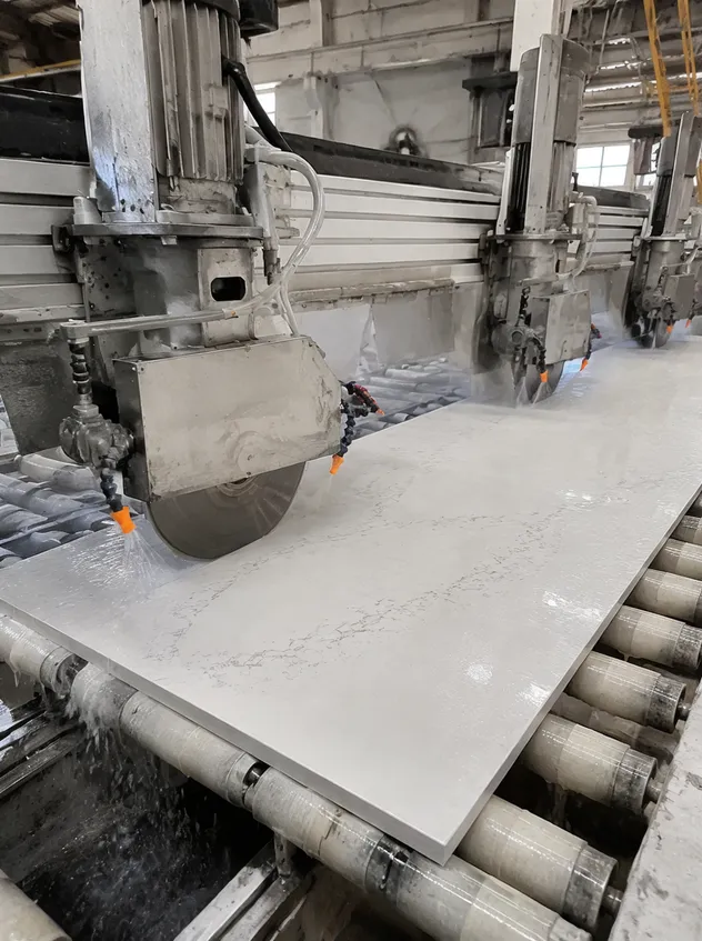 Automated large-format slab processing line cutting engineered quartz