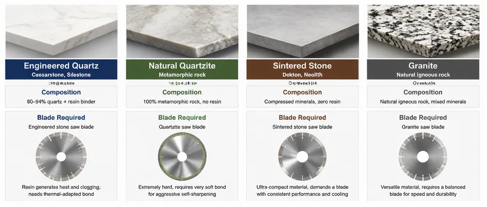 Comparison of engineered quartz, natural quartzite, sintered stone, and granite showing the different blade types required for each material