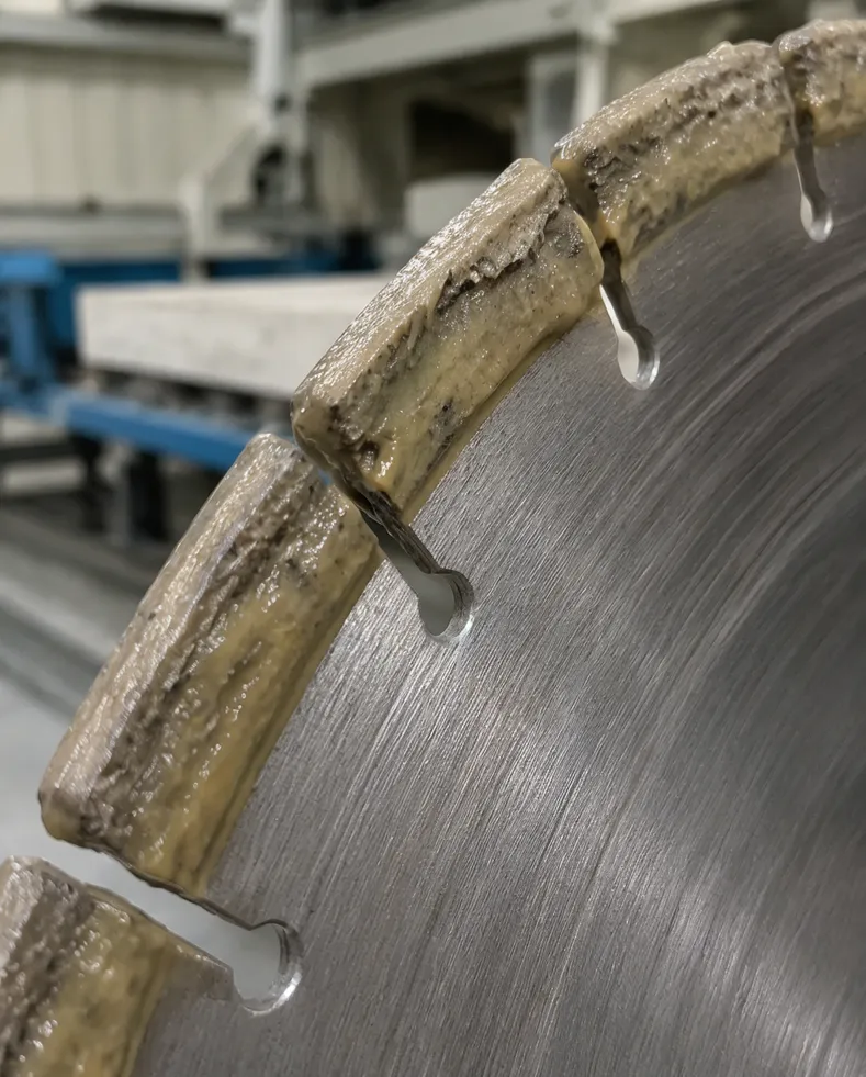 Close-up of blade segment showing resin glazing buildup from engineered quartz cutting
