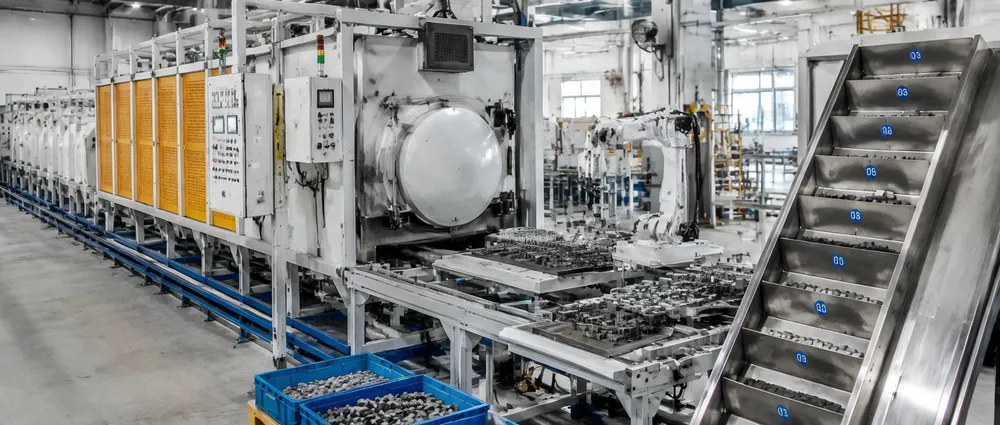 Gang saw blade production line showing sintering furnace and automated segment sorting