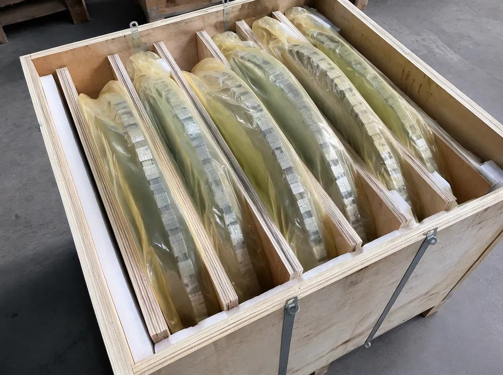 Gang saw blade set packaged in wooden crate with VCI film wrapping and plywood spacers