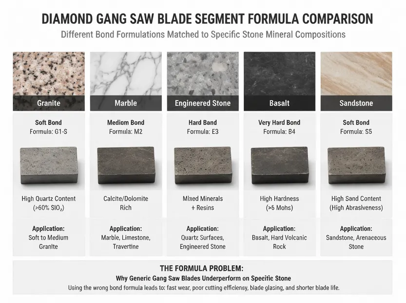 Diamond gang saw blade segment formula comparison showing bond matrix differences for various stone types