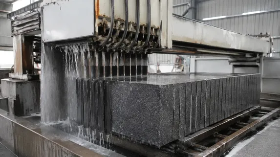 Multi-blade gang saw frame running continuously in a granite quarry processing facility