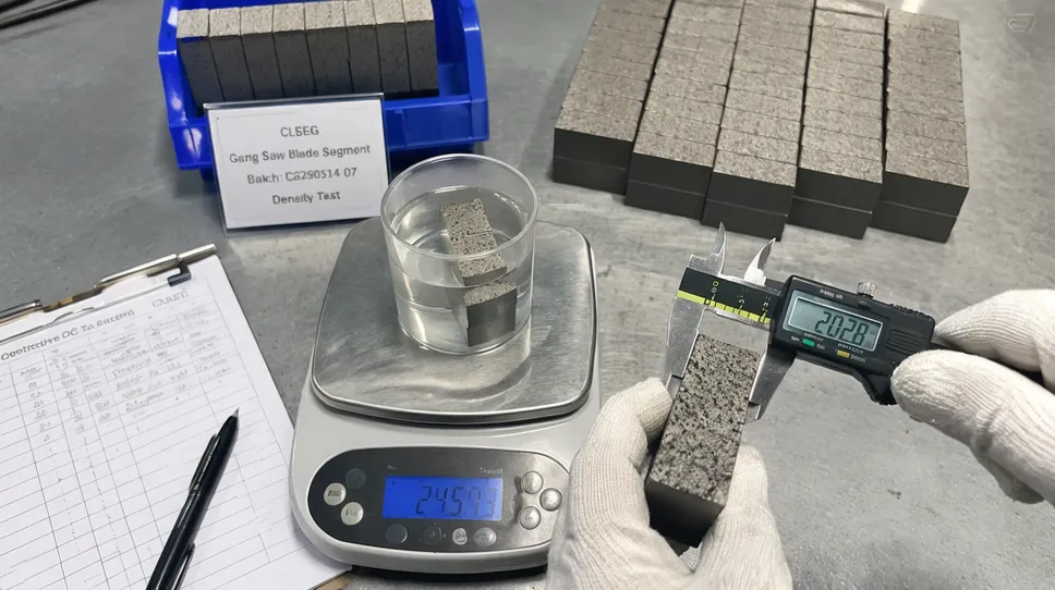 Destructive quality control testing of gang saw blade segments showing cross-section and density measurement