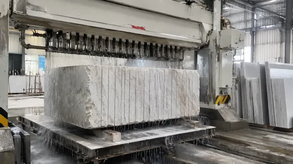 Fabrication plant processing raw stone blocks into calibrated slabs with gang saw equipment