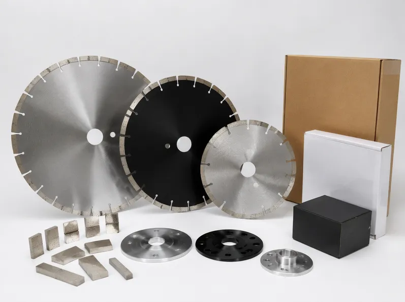 Customizable granite saw blade components including segment, core, and private-label packaging