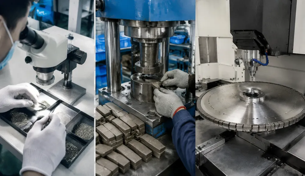 CLSEG granite saw blade manufacturing — diamond grit inspection, cold-press segment forming, and CNC core tensioning