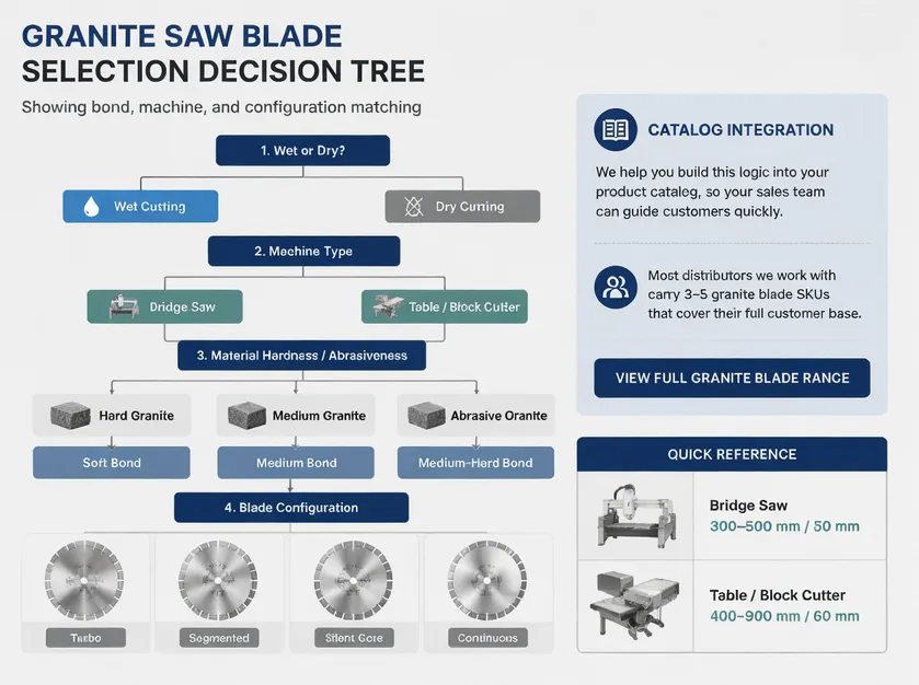 Granite saw blade selection decision tree showing bond, machine, and configuration matching