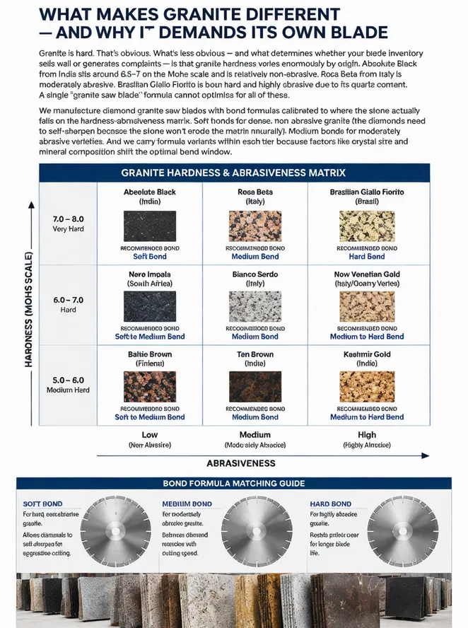 Granite hardness and abrasiveness matrix showing bond formula matching across stone varieties