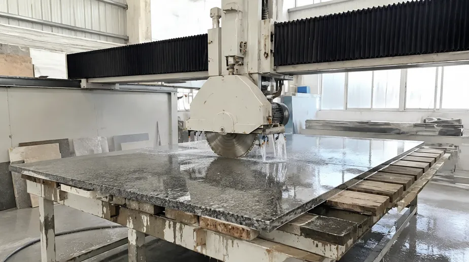 Granite countertop fabrication shop with bridge saw cutting a polished granite slab