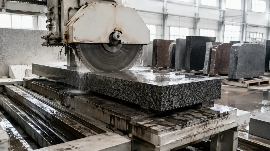 Granite monument processing facility cutting thick slabs for headstones and memorials