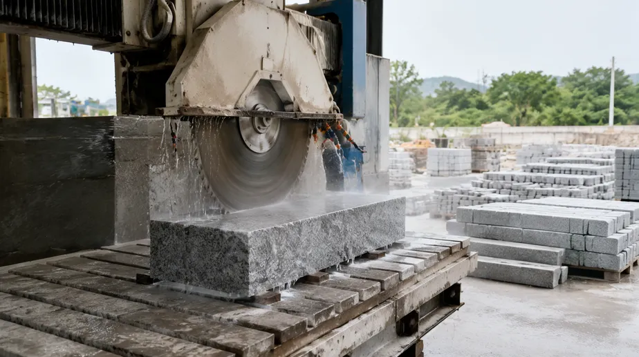 Large block saw cutting granite pavers and curbing for landscape construction projects