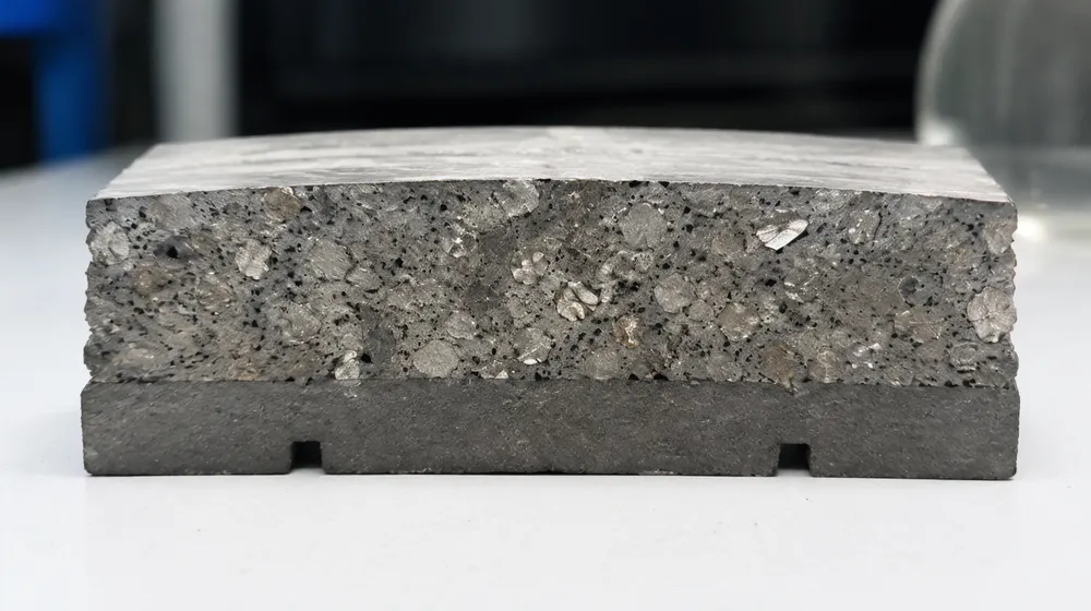 Cross-section view of granite saw blade segment showing bond matrix and exposed diamond crystals