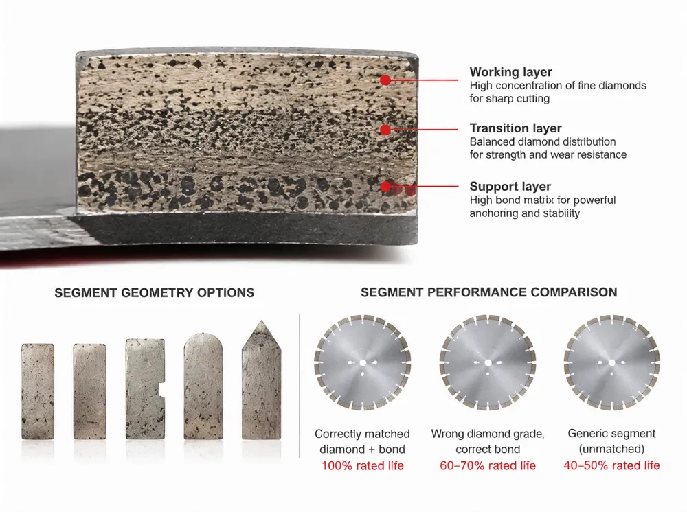 Cross-section view of diamond segment showing multi-layer diamond distribution for granite cutting