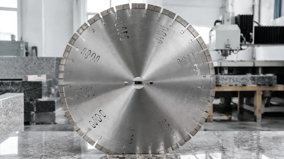 Silent-core granite saw blade with sandwich steel construction and vibration-dampening slots