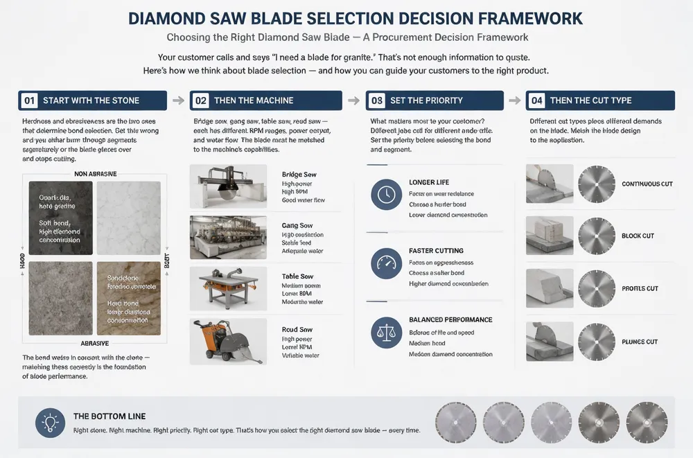 Diamond saw blade selection decision framework showing stone type, machine type, priority, and cut type considerations