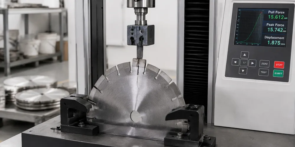 Destructive pull testing on diamond saw blade segment welds during quality control