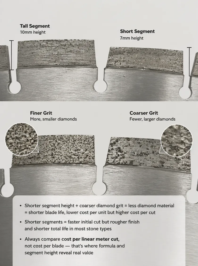 Diamond saw blade segment height and grit size comparison detail