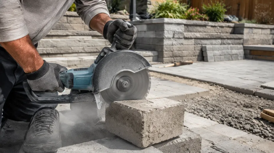 Small contractor cutting pavers and landscape stone with laser welded diamond blade