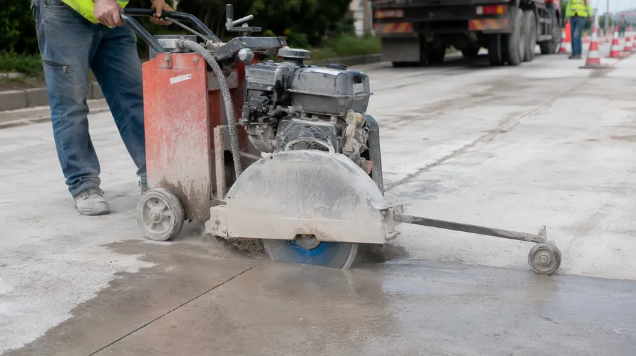 Walk-behind floor saw cutting concrete road surface with laser welded diamond blade