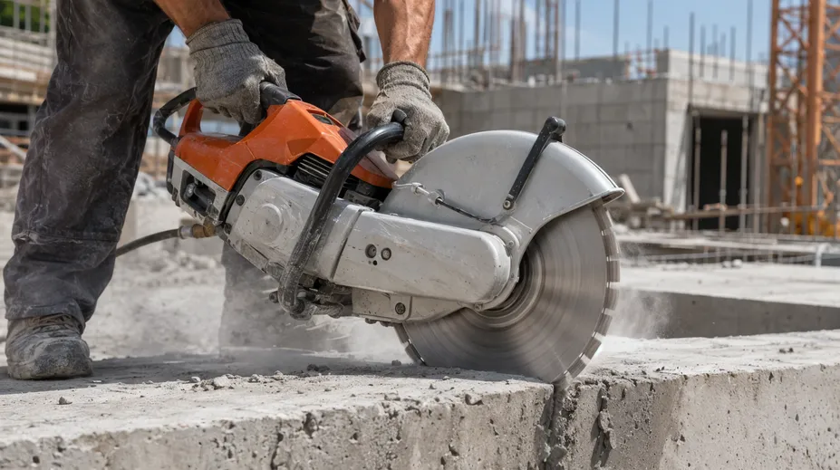 Hand-held power cutter dry cutting concrete with laser welded diamond blade on construction site