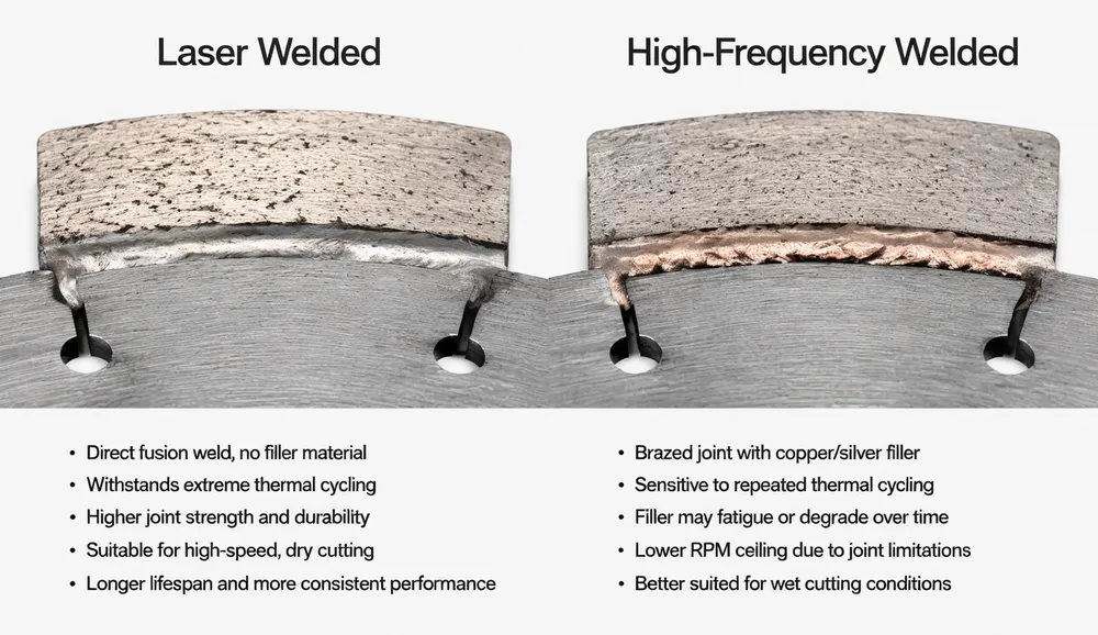 Laser welded vs high-frequency welded diamond blade joint cross-section comparison
