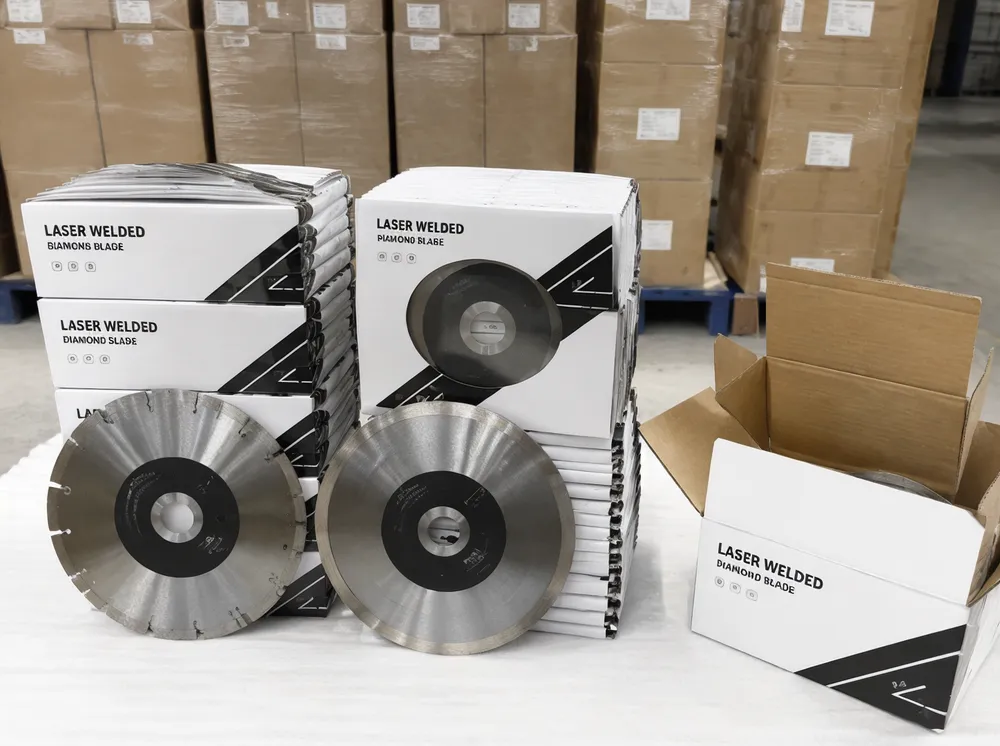 Custom branded laser welded diamond blades with private label packaging ready for shipment