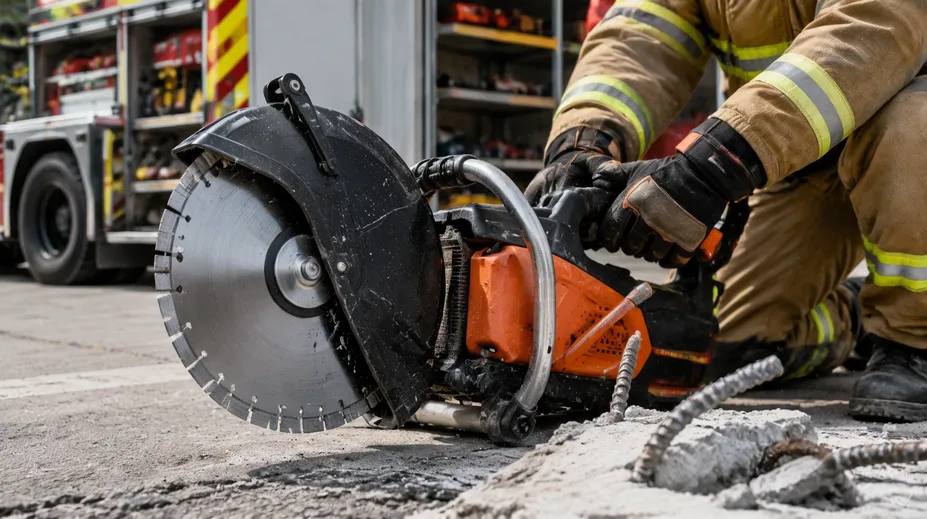 Rescue rotary saw with laser welded diamond blade used by emergency services