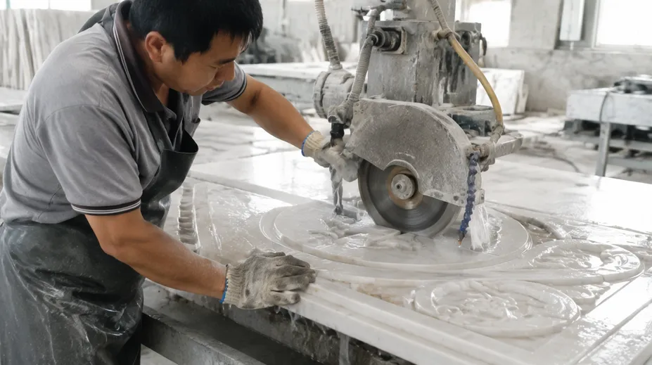 Artisan fabricator performing detail cut on marble decorative panel