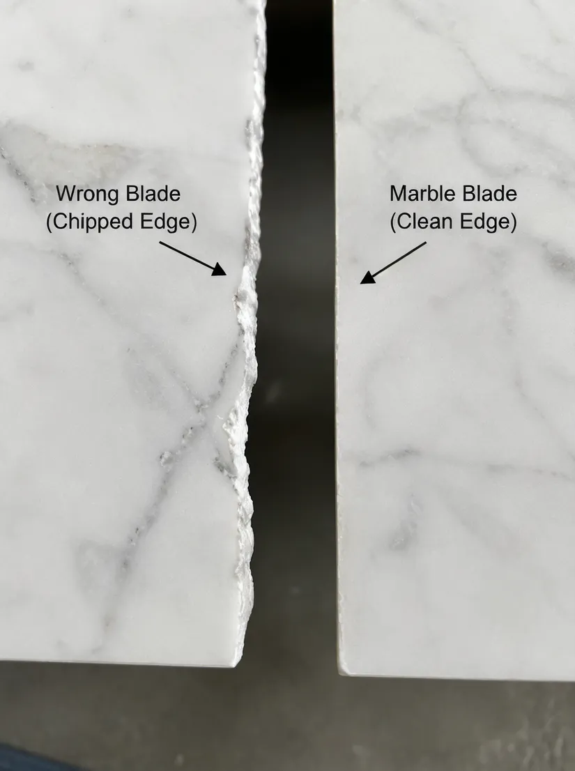 Close-up comparison showing chipped marble edge from wrong blade versus clean edge from dedicated marble saw blade