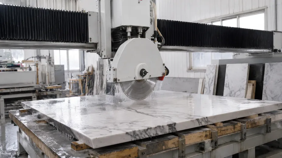 Bridge saw cutting marble slab in a countertop fabrication shop
