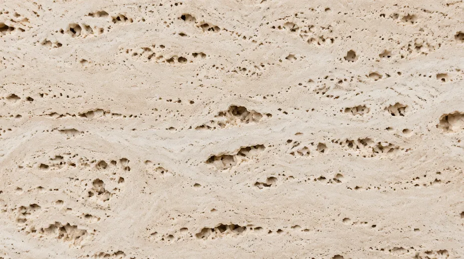 Travertine stone surface showing characteristic natural voids and cavity formations