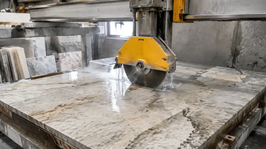 Quartzite slab being cut on bridge saw for premium residential kitchen countertop fabrication