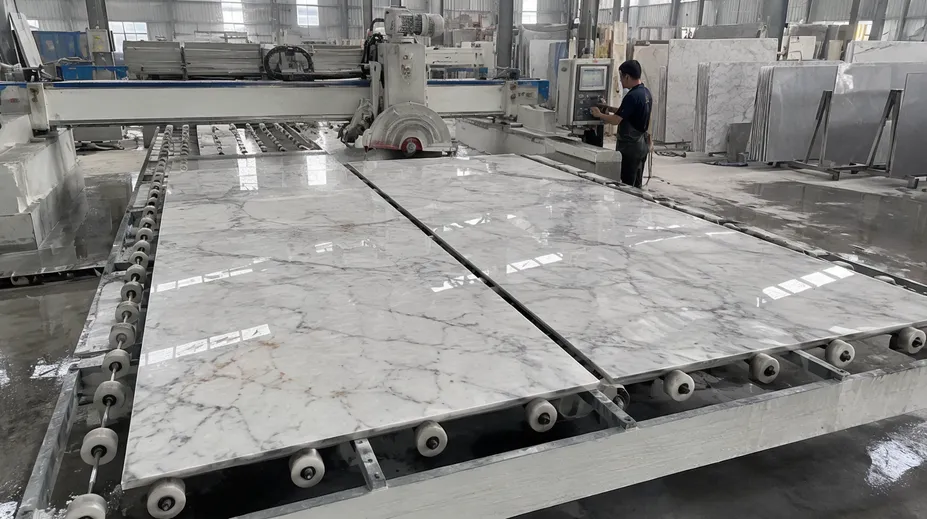 Large-format quartzite slabs being fabricated for commercial building facade cladding project
