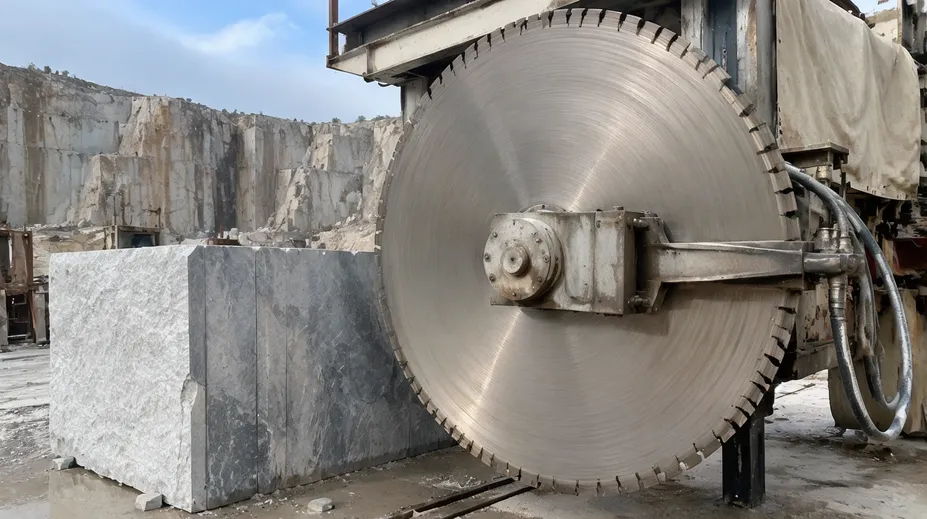 Large diameter saw blades used in quartzite quarry block extraction and processing operations