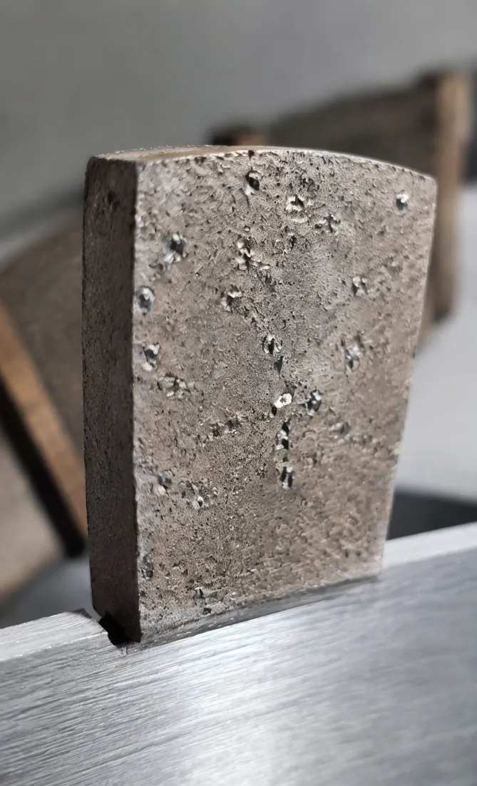 Close-up of quartzite saw blade segment showing diamond grit distribution and iron-cobalt bond matrix