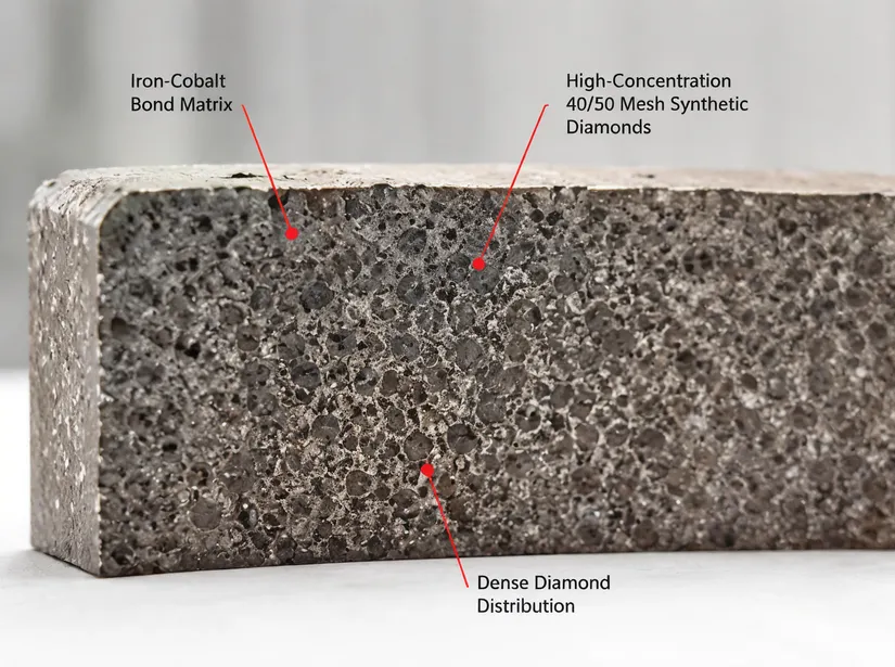 Cross-section of quartzite saw blade segment showing iron-cobalt bond matrix with high-concentration 40/50 mesh synthetic diamonds