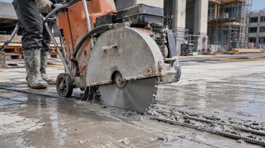Floor saw with segmented diamond blade cutting through reinforced concrete on a construction site