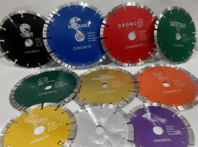 Custom branded segmented diamond blades with color-coded cores and laser-etched logos