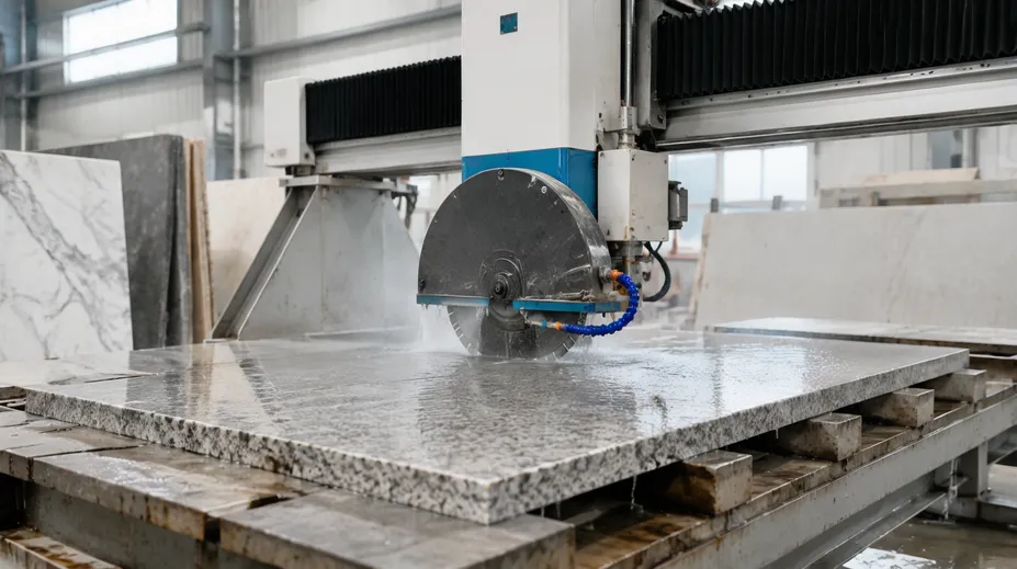 Countertop fabrication shop running segmented diamond blades on a bridge saw for granite and quartz cutting