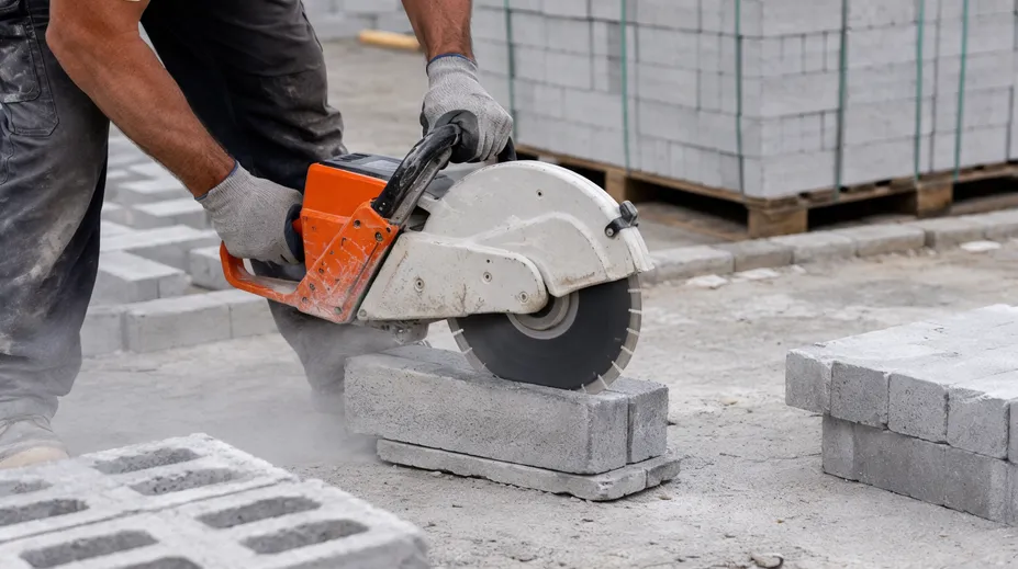 Masonry contractor cutting concrete pavers and block with a segmented diamond blade