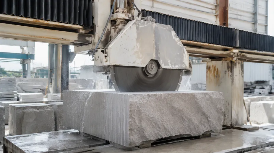 Quarry secondary processing with large segmented blade cross-cutting stone blocks on a bridge saw