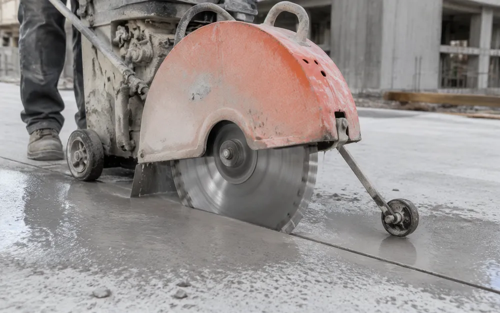 Segmented diamond blade cutting reinforced concrete on a floor saw in construction application