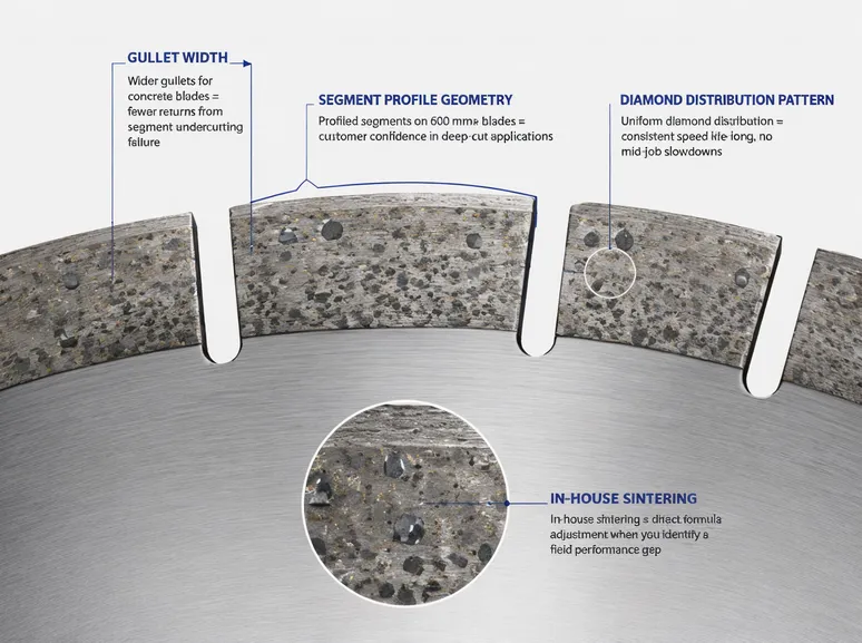 Cross-section diagram showing gullet width, segment profile geometry, and diamond distribution pattern in a segmented blade rim