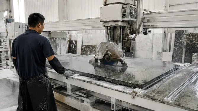 Indoor stone fabrication shop operator at bridge saw cutting granite countertop slabs
