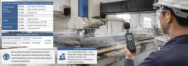 Stone fabrication shop bridge saw operation with noise level measurement — regulatory compliance context