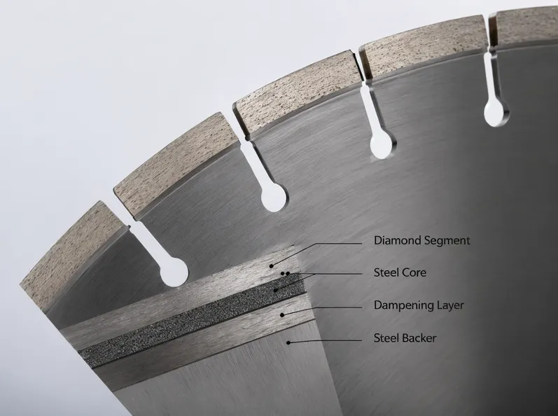 Silent core diamond blade cross-section showing sandwich steel construction and laser-cut dampening slots