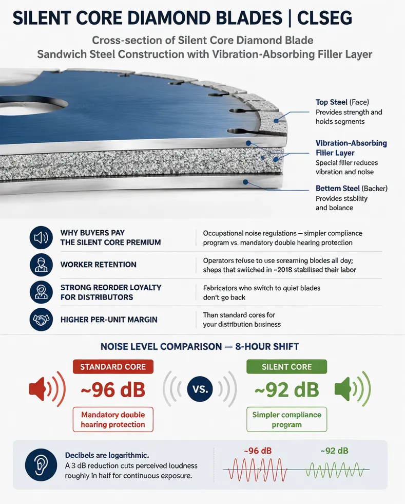 Cross-section diagram of silent core diamond blade sandwich steel construction with vibration-absorbing filler layer