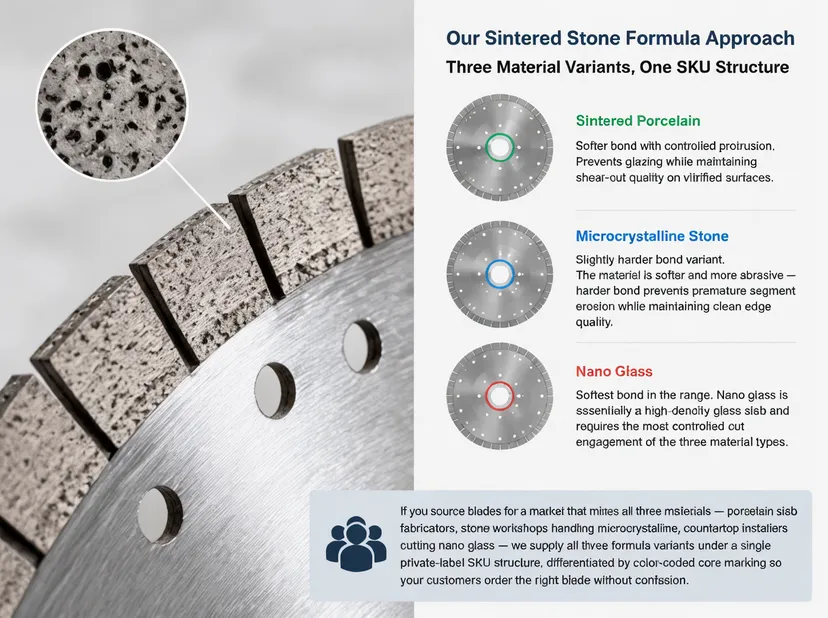 Close-up of diamond segment bond structure on sintered stone saw blade showing controlled diamond protrusion
