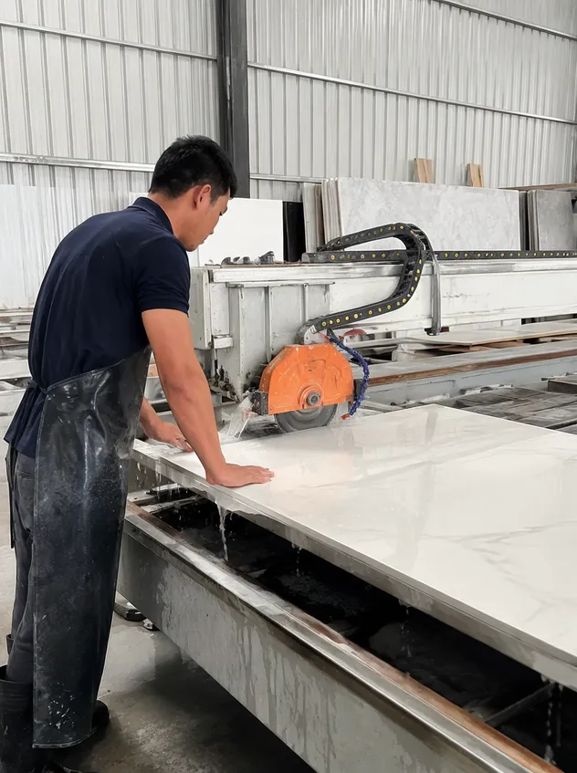 Small stone fabrication workshop cutting engineered surface countertop panels